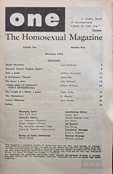 ONE: THE HOMOSEXUAL MAGAZINE VOL. 2, #9 NOVEMBER 1954