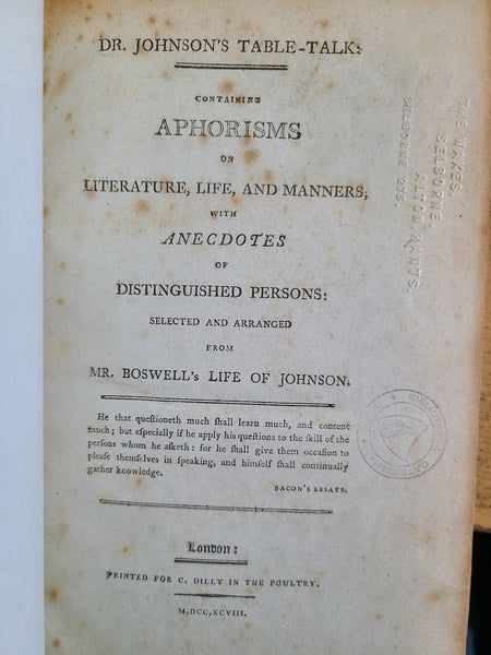 DR. JOHNSON'S TABLE-TALK: CONTAINING APHORISMS ON LITERATURE, LIFE, AND MANNERS, WITH ANECDOTES OF DISTINGUISHED PERSONS: SELECTED AND ARRANGED FROM MR. BOSWELL'S LIFE OF JOHNSON.