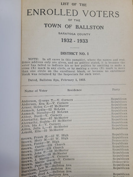 LIST OF THE ENROLLED VOTERS OF THE TOWN OF BALLSTON, SARATOGA COUNTY 1932-1933