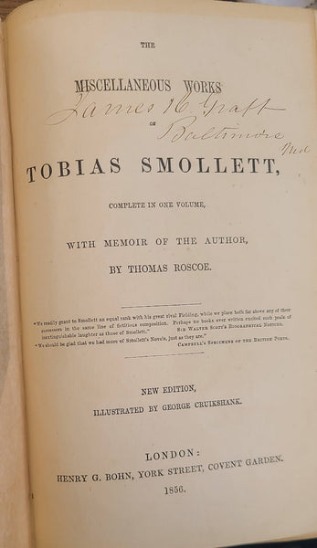 THE MISCELLANEOUS WORKS OF TOBIAS SMOLLETT, COMPLETE IN ONE VOLUME, WITH MEMOIR OF THE AUTHOR